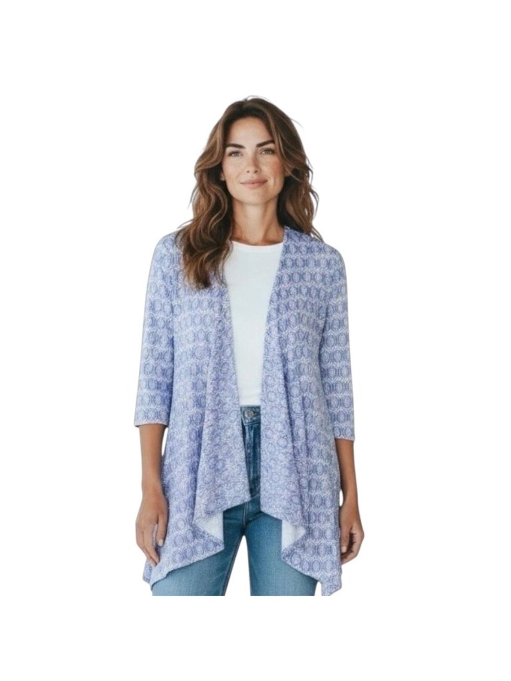 Chicos Travelers Womens Printed Cardigan~Size 00 (XS/2)~Blue White Top L10 23